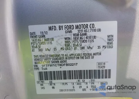 2013 Ford F-150 Platinum z USA, uszkodzony, nr VIN 1FTFW1CT8DFB02217